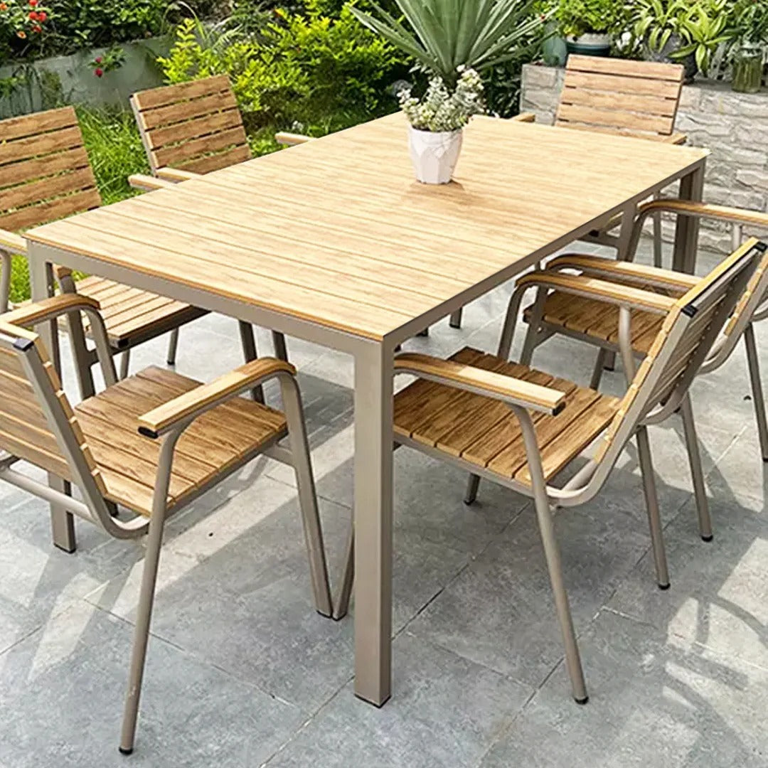 Modern Outdoor Dining Set Natural Wood Slat Aluminum Frame 7-Piece, Outdoor Dining Set