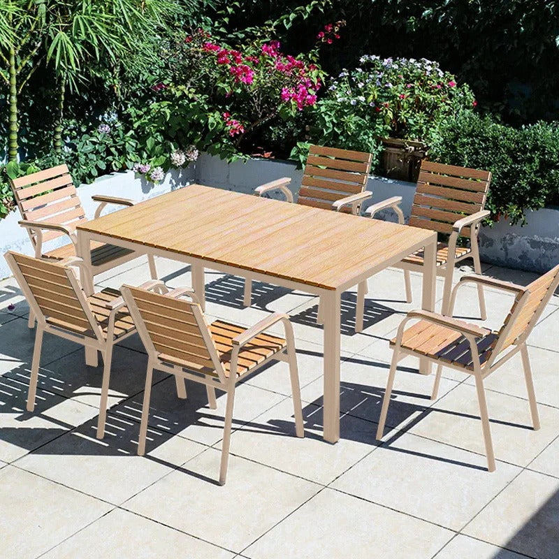 Modern Outdoor Dining Set Natural Wood Slat Aluminum Frame 7-Piece, Outdoor Dining Set