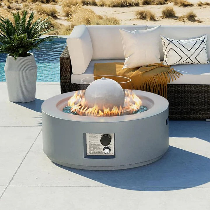 Modern Round Propane Fire Pit Table Concrete Finish Glass Wind Guard, Outdoor Fire Pit