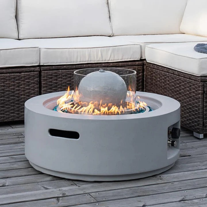 Modern Round Propane Fire Pit Table Concrete Finish Glass Wind Guard, Outdoor Fire Pit