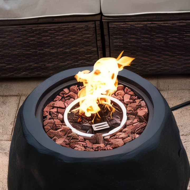 Rustic Round Propane Fire Pit Table Faux Stone Finish with Removable Lid, Outdoor Fire Pit
