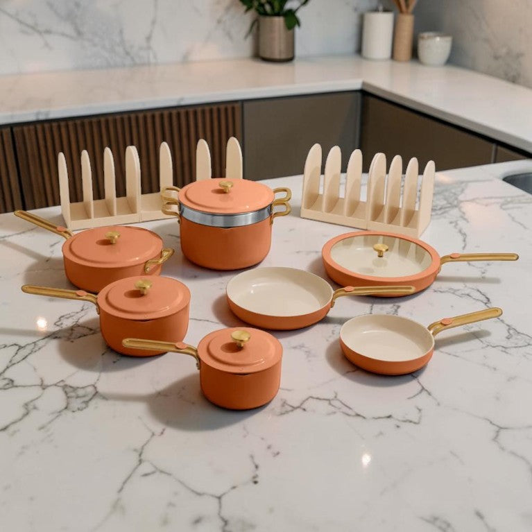 Ceramic Nonstick Cookware Set Orange 12-Piece, Complete Kitchen Cookware with Storage