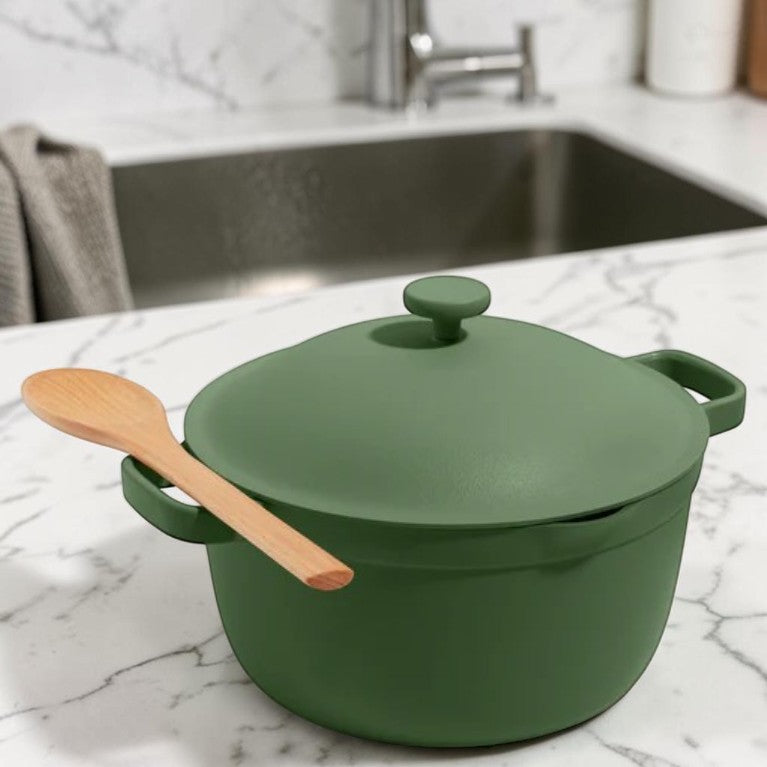 Ceramic Nonstick Stock Pot, Green 5.5 Qt with Lid & Wooden Spoon, Everyday Cookware