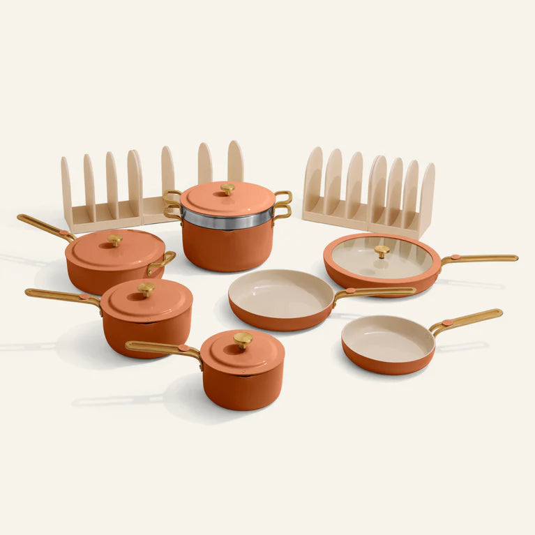 Ceramic Nonstick Cookware Set Orange 12-Piece, Complete Kitchen Cookware with Storage
